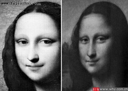 年轻版《蒙娜丽莎》（左图）与收藏于卢浮宫内的《蒙娜丽莎》（右图）。