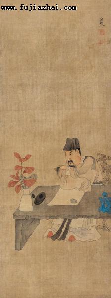 《作画图》（立轴 设色绢本75.5×28cm）可让我们赏一赏过去文人作画的模样儿了。青石桌铺纸，红秋叶、奇石陪伴左右，有文趣也有野趣。画者捻须寻思着如何落笔的样子，实是可爱又生动。