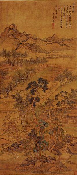 王翚精品《溪堂佳趣图》。此图为经国家文物局全国古代书画鉴定小组专家鉴定，著录于《中国古代书画图目》，设色绢本，长136厘米，宽61厘米，品相完好，绢地包浆自然，作于康熙三十一年（1692），是年王翚六十一岁。