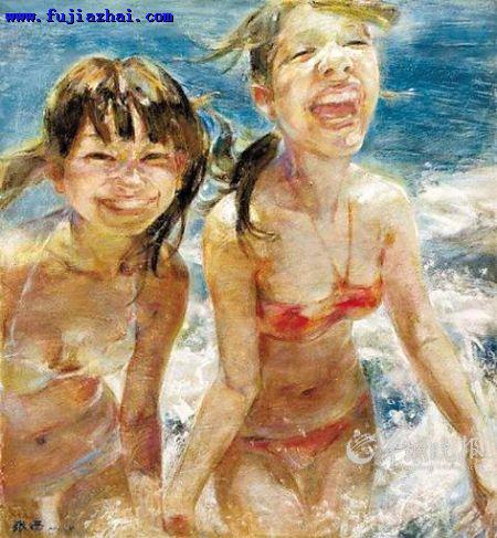 张西粉笔画《欢笑的浪花》许悦 摄