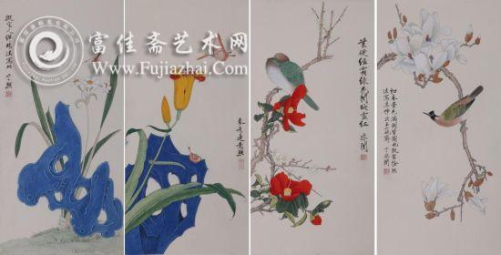 于非闇 花鸟四屏 65.5&times;32&times;4 设色纸本 镜心 说明：此作品为俞致贞、刘力上旧藏。