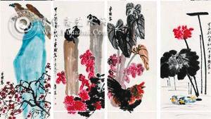 齐白石《花卉禽石》四条屏
