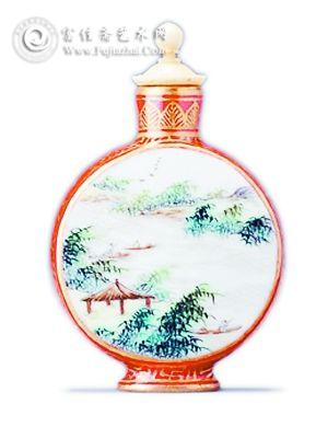 瓷胎画粉彩山水月琴形鼻烟壶 瓷胎画粉彩山水月琴形鼻烟壶