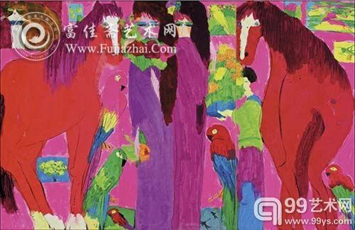 丁雄泉 《双美骏马图》亚克力 纸本表于画板 1980年作 成交价：182万港币 香港苏富比2012年春拍拍品.