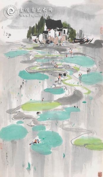 吴冠中彩墨《滇池人家·云水居》 吴冠中彩墨《滇池人家·云水居》