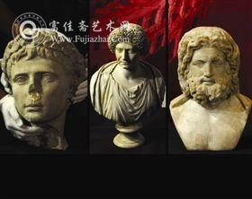 此次展览开箱布展仪式上亮相的展品（从左至右）： 奥古斯都石像、弗拉维时代妇女石像、主神朱庇特石头像
