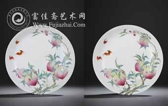 清雍正 御制粉彩过枝福寿双全盘一对